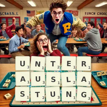 Kreative Illustration für ein Scrabble-Spiel, bei dem das Wort UNTERAUSLASTUNG mit Steinen auf dem Brett gelegt wurde.