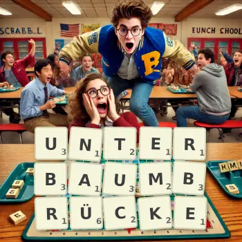 Kreative Illustration für ein Scrabble-Spiel, bei dem das Wort UNTERBAUMBRÜCKE mit Steinen auf dem Brett gelegt wurde.