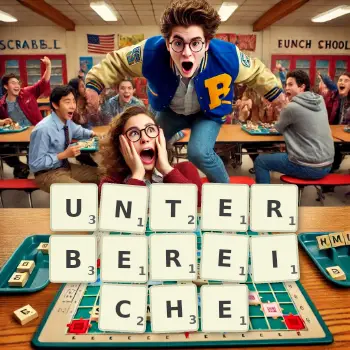 Kreative Illustration für ein Scrabble-Spiel, bei dem das Wort UNTERBEREICHE mit Steinen auf dem Brett gelegt wurde.