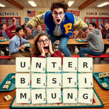 Kreative Illustration für ein Scrabble-Spiel, bei dem das Wort UNTERBESTIMMUNG mit Steinen auf dem Brett gelegt wurde.