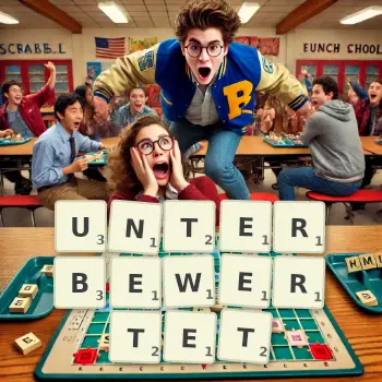 Kreative Illustration für ein Scrabble-Spiel, bei dem das Wort UNTERBEWERTET mit Steinen auf dem Brett gelegt wurde.