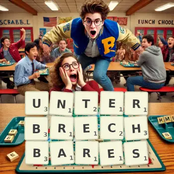 Kreative Illustration für ein Scrabble-Spiel, bei dem das Wort UNTERBRECHBARES mit Steinen auf dem Brett gelegt wurde.