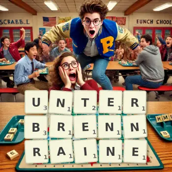 Kreative Illustration für ein Scrabble-Spiel, bei dem das Wort UNTERBRENNRAINE mit Steinen auf dem Brett gelegt wurde.