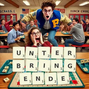 Kreative Illustration für ein Scrabble-Spiel, bei dem das Wort UNTERBRINGENDE mit Steinen auf dem Brett gelegt wurde.