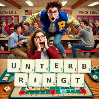 Kreative Illustration für ein Scrabble-Spiel, bei dem das Wort UNTERBRINGT mit Steinen auf dem Brett gelegt wurde.