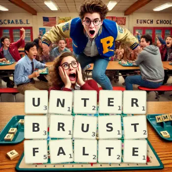 Kreative Illustration für ein Scrabble-Spiel, bei dem das Wort UNTERBRUSTFALTE mit Steinen auf dem Brett gelegt wurde.