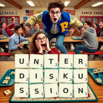 Kreative Illustration für ein Scrabble-Spiel, bei dem das Wort UNTERDISKUSSION mit Steinen auf dem Brett gelegt wurde.