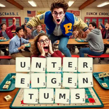 Kreative Illustration für ein Scrabble-Spiel, bei dem das Wort UNTEREIGENTUMS mit Steinen auf dem Brett gelegt wurde.