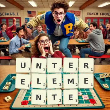 Kreative Illustration für ein Scrabble-Spiel, bei dem das Wort UNTERELEMENTE mit Steinen auf dem Brett gelegt wurde.