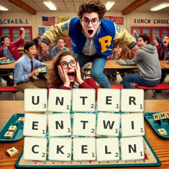 Kreative Illustration für ein Scrabble-Spiel, bei dem das Wort UNTERENTWICKELN mit Steinen auf dem Brett gelegt wurde.