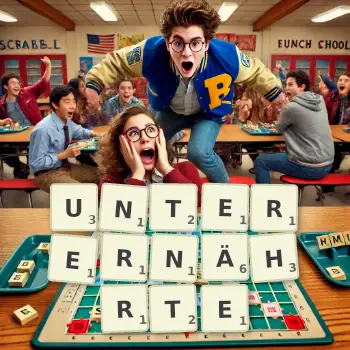 Kreative Illustration für ein Scrabble-Spiel, bei dem das Wort UNTERERNÄHRTE mit Steinen auf dem Brett gelegt wurde.