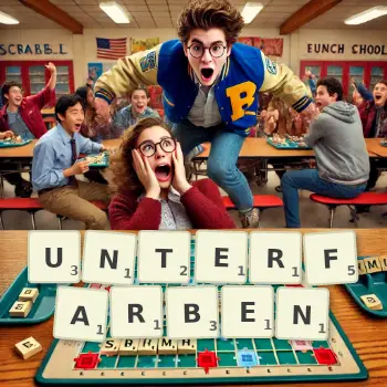 Kreative Illustration für ein Scrabble-Spiel, bei dem das Wort UNTERFARBEN mit Steinen auf dem Brett gelegt wurde.