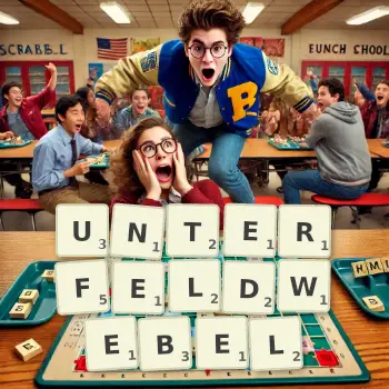 Kreative Illustration für ein Scrabble-Spiel, bei dem das Wort UNTERFELDWEBEL mit Steinen auf dem Brett gelegt wurde.