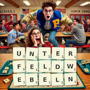 Kreative Illustration für ein Scrabble-Spiel, bei dem das Wort UNTERFELDWEBELN mit Steinen auf dem Brett gelegt wurde.