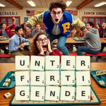 Kreative Illustration für ein Scrabble-Spiel, bei dem das Wort UNTERFERTIGENDE mit Steinen auf dem Brett gelegt wurde.