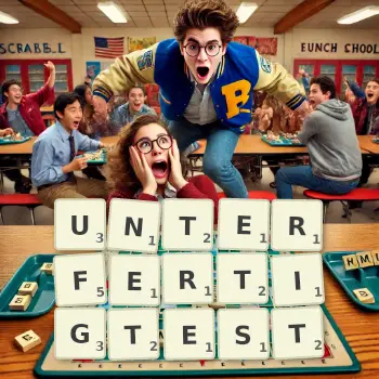 Kreative Illustration für ein Scrabble-Spiel, bei dem das Wort UNTERFERTIGTEST mit Steinen auf dem Brett gelegt wurde.