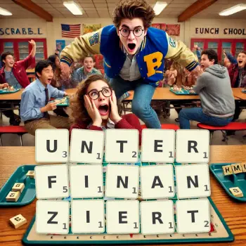 Kreative Illustration für ein Scrabble-Spiel, bei dem das Wort UNTERFINANZIERT mit Steinen auf dem Brett gelegt wurde.