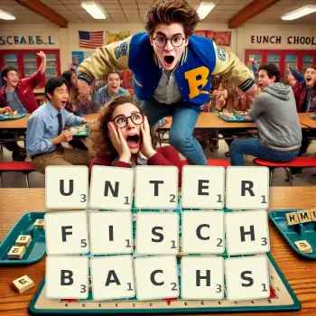 Kreative Illustration für ein Scrabble-Spiel, bei dem das Wort UNTERFISCHBACHS mit Steinen auf dem Brett gelegt wurde.