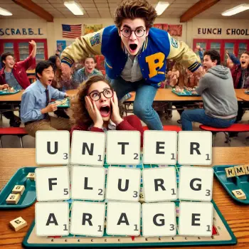 Kreative Illustration für ein Scrabble-Spiel, bei dem das Wort UNTERFLURGARAGE mit Steinen auf dem Brett gelegt wurde.