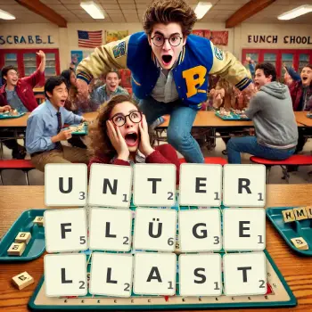 Kreative Illustration für ein Scrabble-Spiel, bei dem das Wort UNTERFLÜGELLAST mit Steinen auf dem Brett gelegt wurde.