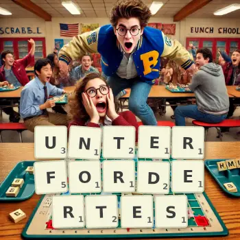 Kreative Illustration für ein Scrabble-Spiel, bei dem das Wort UNTERFORDERTES mit Steinen auf dem Brett gelegt wurde.