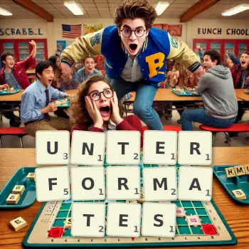 Kreative Illustration für ein Scrabble-Spiel, bei dem das Wort UNTERFORMATES mit Steinen auf dem Brett gelegt wurde.