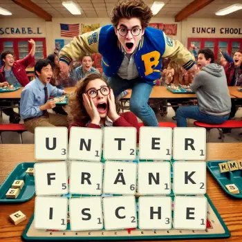 Kreative Illustration für ein Scrabble-Spiel, bei dem das Wort UNTERFRÄNKISCHE mit Steinen auf dem Brett gelegt wurde.