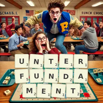 Kreative Illustration für ein Scrabble-Spiel, bei dem das Wort UNTERFUNDAMENT mit Steinen auf dem Brett gelegt wurde.