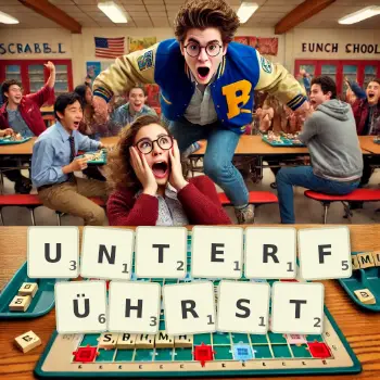 Kreative Illustration für ein Scrabble-Spiel, bei dem das Wort UNTERFÜHRST mit Steinen auf dem Brett gelegt wurde.