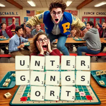 Kreative Illustration für ein Scrabble-Spiel, bei dem das Wort UNTERGANGSORT mit Steinen auf dem Brett gelegt wurde.