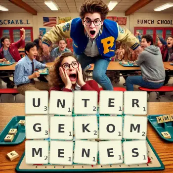 Kreative Illustration für ein Scrabble-Spiel, bei dem das Wort UNTERGEKOMMENES mit Steinen auf dem Brett gelegt wurde.