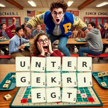 Kreative Illustration für ein Scrabble-Spiel, bei dem das Wort UNTERGEKRIEGT mit Steinen auf dem Brett gelegt wurde.