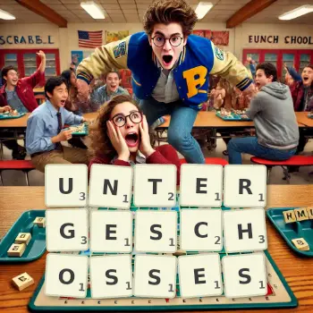 Kreative Illustration für ein Scrabble-Spiel, bei dem das Wort UNTERGESCHOSSES mit Steinen auf dem Brett gelegt wurde.