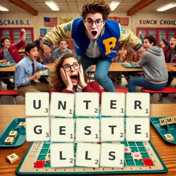 Kreative Illustration für ein Scrabble-Spiel, bei dem das Wort UNTERGESTELLS mit Steinen auf dem Brett gelegt wurde.
