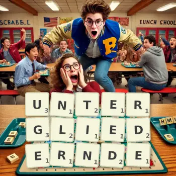 Kreative Illustration für ein Scrabble-Spiel, bei dem das Wort UNTERGLIEDERNDE mit Steinen auf dem Brett gelegt wurde.