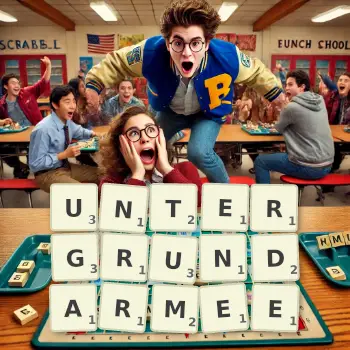 Kreative Illustration für ein Scrabble-Spiel, bei dem das Wort UNTERGRUNDARMEE mit Steinen auf dem Brett gelegt wurde.