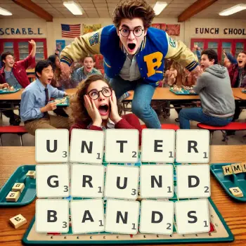 Kreative Illustration für ein Scrabble-Spiel, bei dem das Wort UNTERGRUNDBANDS mit Steinen auf dem Brett gelegt wurde.