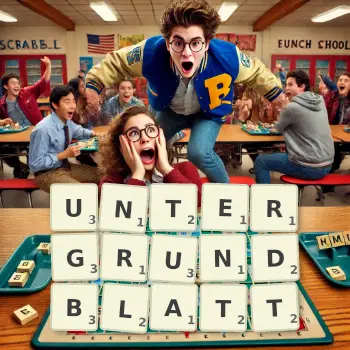 Kreative Illustration für ein Scrabble-Spiel, bei dem das Wort UNTERGRUNDBLATT mit Steinen auf dem Brett gelegt wurde.