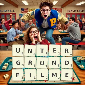 Kreative Illustration für ein Scrabble-Spiel, bei dem das Wort UNTERGRUNDFILME mit Steinen auf dem Brett gelegt wurde.