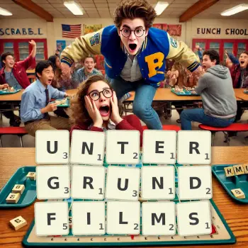 Kreative Illustration für ein Scrabble-Spiel, bei dem das Wort UNTERGRUNDFILMS mit Steinen auf dem Brett gelegt wurde.