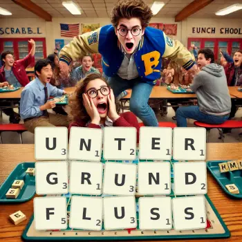 Kreative Illustration für ein Scrabble-Spiel, bei dem das Wort UNTERGRUNDFLUSS mit Steinen auf dem Brett gelegt wurde.