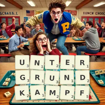 Kreative Illustration für ein Scrabble-Spiel, bei dem das Wort UNTERGRUNDKAMPF mit Steinen auf dem Brett gelegt wurde.