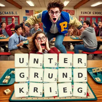 Kreative Illustration für ein Scrabble-Spiel, bei dem das Wort UNTERGRUNDKRIEG mit Steinen auf dem Brett gelegt wurde.