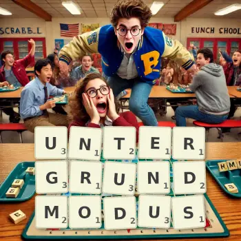 Kreative Illustration für ein Scrabble-Spiel, bei dem das Wort UNTERGRUNDMODUS mit Steinen auf dem Brett gelegt wurde.