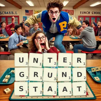 Kreative Illustration für ein Scrabble-Spiel, bei dem das Wort UNTERGRUNDSTAAT mit Steinen auf dem Brett gelegt wurde.