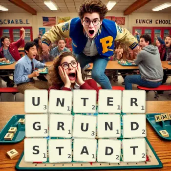 Kreative Illustration für ein Scrabble-Spiel, bei dem das Wort UNTERGRUNDSTADT mit Steinen auf dem Brett gelegt wurde.