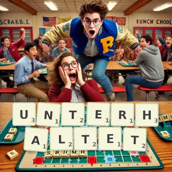 Kreative Illustration für ein Scrabble-Spiel, bei dem das Wort UNTERHALTET mit Steinen auf dem Brett gelegt wurde.
