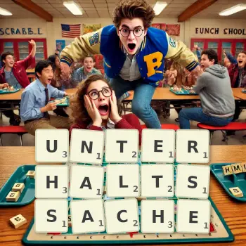 Kreative Illustration für ein Scrabble-Spiel, bei dem das Wort UNTERHALTSSACHE mit Steinen auf dem Brett gelegt wurde.