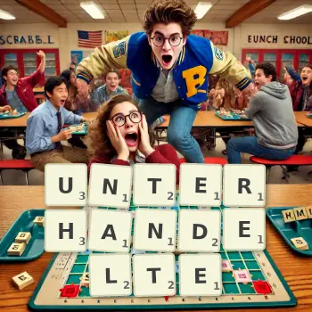 Kreative Illustration für ein Scrabble-Spiel, bei dem das Wort UNTERHANDELTE mit Steinen auf dem Brett gelegt wurde.