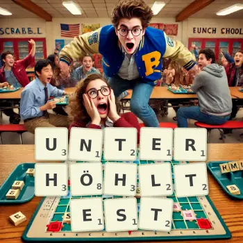 Kreative Illustration für ein Scrabble-Spiel, bei dem das Wort UNTERHÖHLTEST mit Steinen auf dem Brett gelegt wurde.